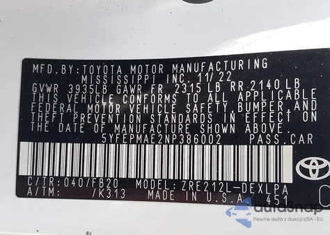 2022 Toyota Corolla Le from USA, damaged, VIN 5YFEPMAE2NP386002